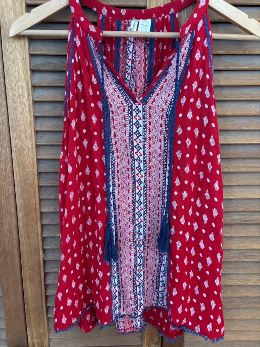 Japna Red Printed Boho Halter Camisole with Navy Tassels